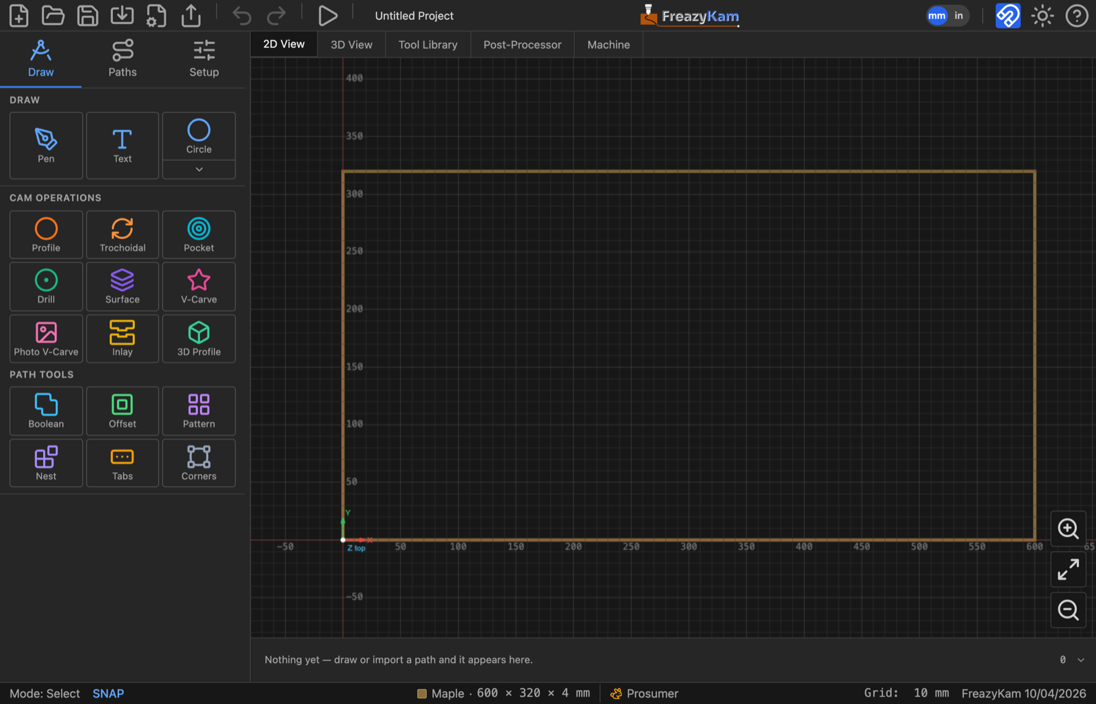 The app on opening: the Draw sidebar listing Draw, CAM Operations and Path Tools; the 2D canvas with the stock outline; the Objects strip along the bottom