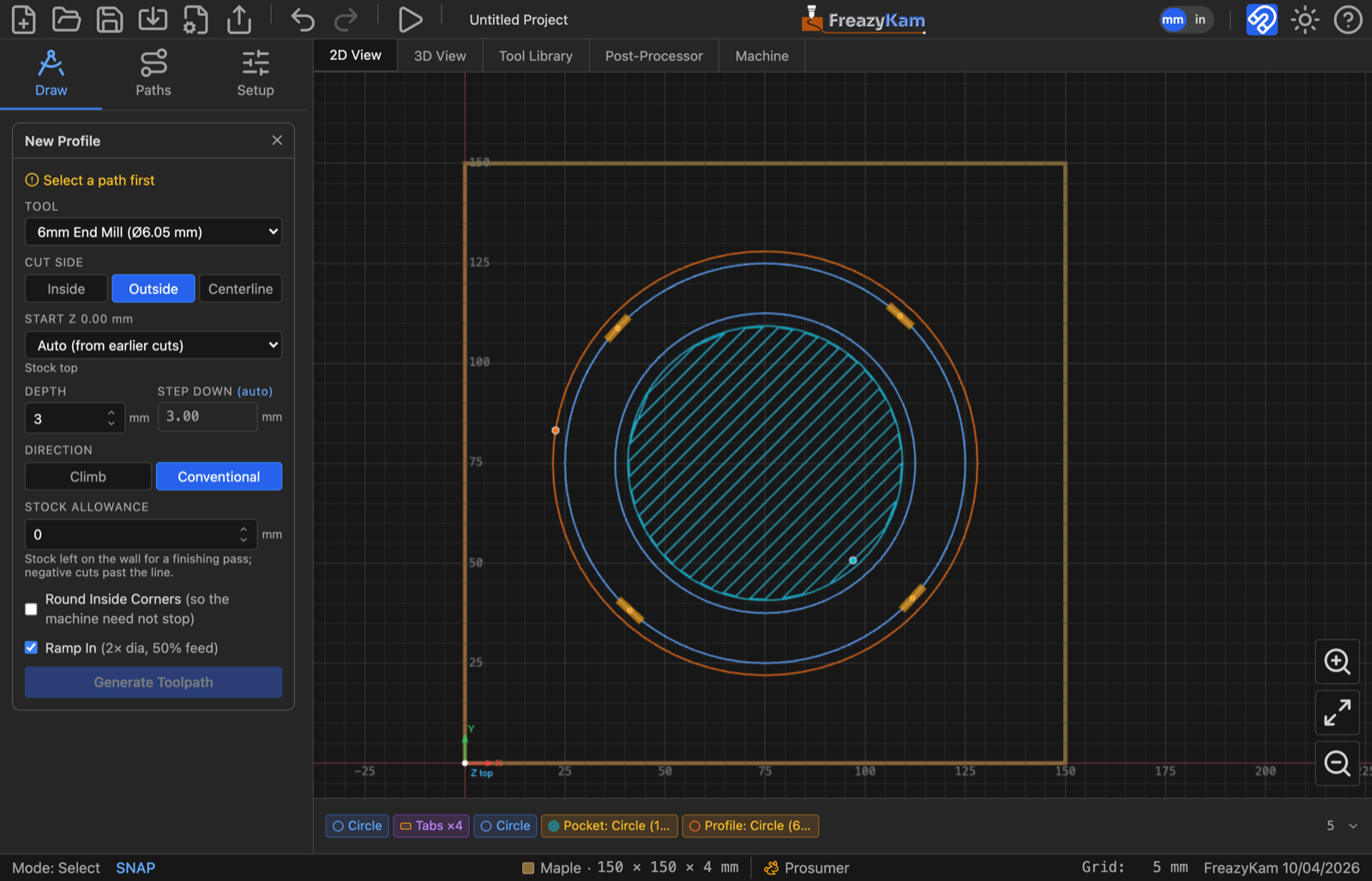 Pocket and profile toolpaths together, with four gaps in the profile where the tabs are