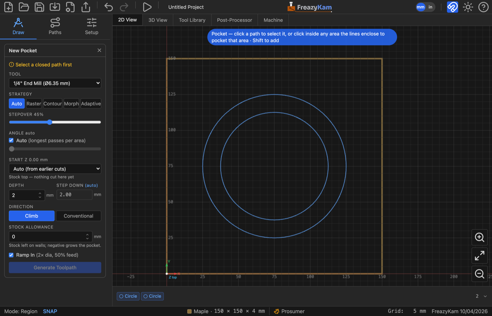 Two concentric circles drawn on the stock, with a chip for each in the Objects strip; the Pocket form, the next step, is already open in the sidebar