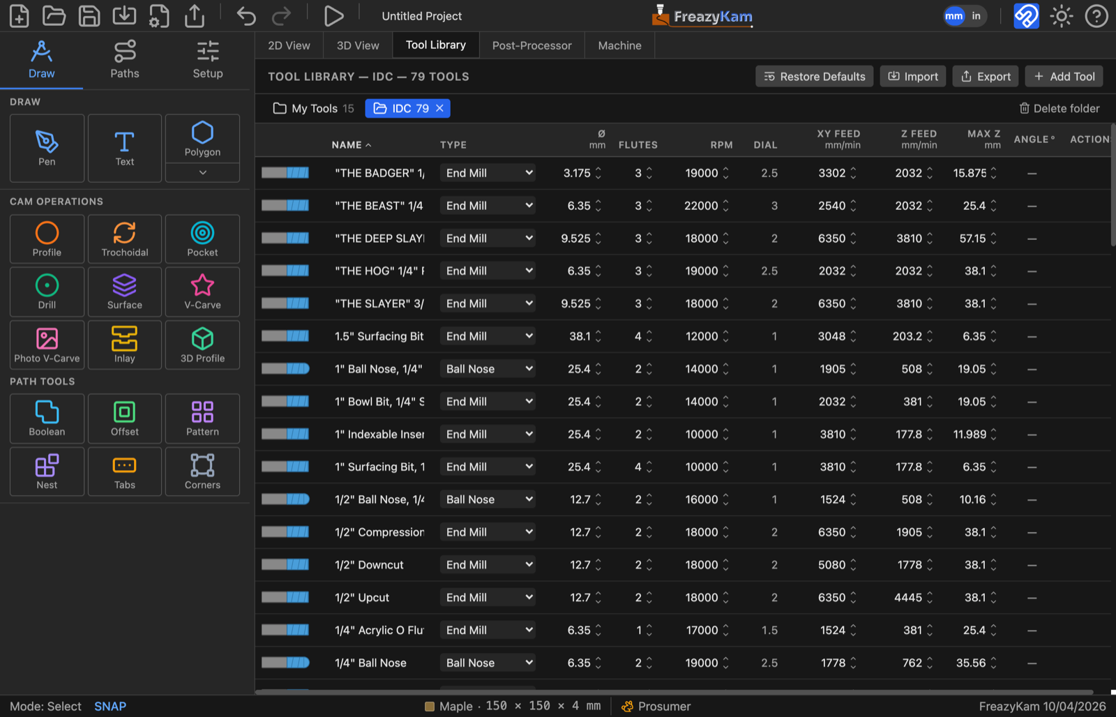 The Tool Library showing the IDC folder: 79 imported tools sorted by name, with My Tools and IDC folder tabs above the table, and Restore Defaults, Import, Export and Add Tool across the top