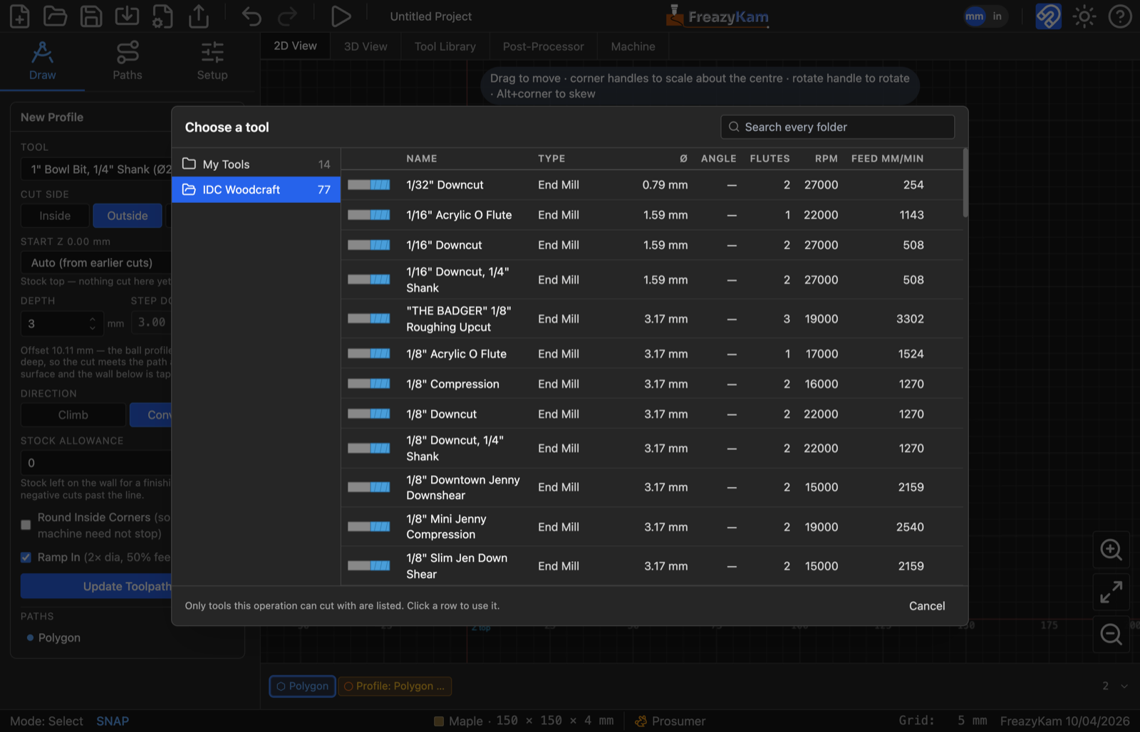 The Choose a tool dialog over the Profile form: folders down the left with My Tools and IDC Woodcraft, the IDC Woodcraft folder's end mills in a table with diameter, angle, flutes, RPM and feed, and a search box at the top