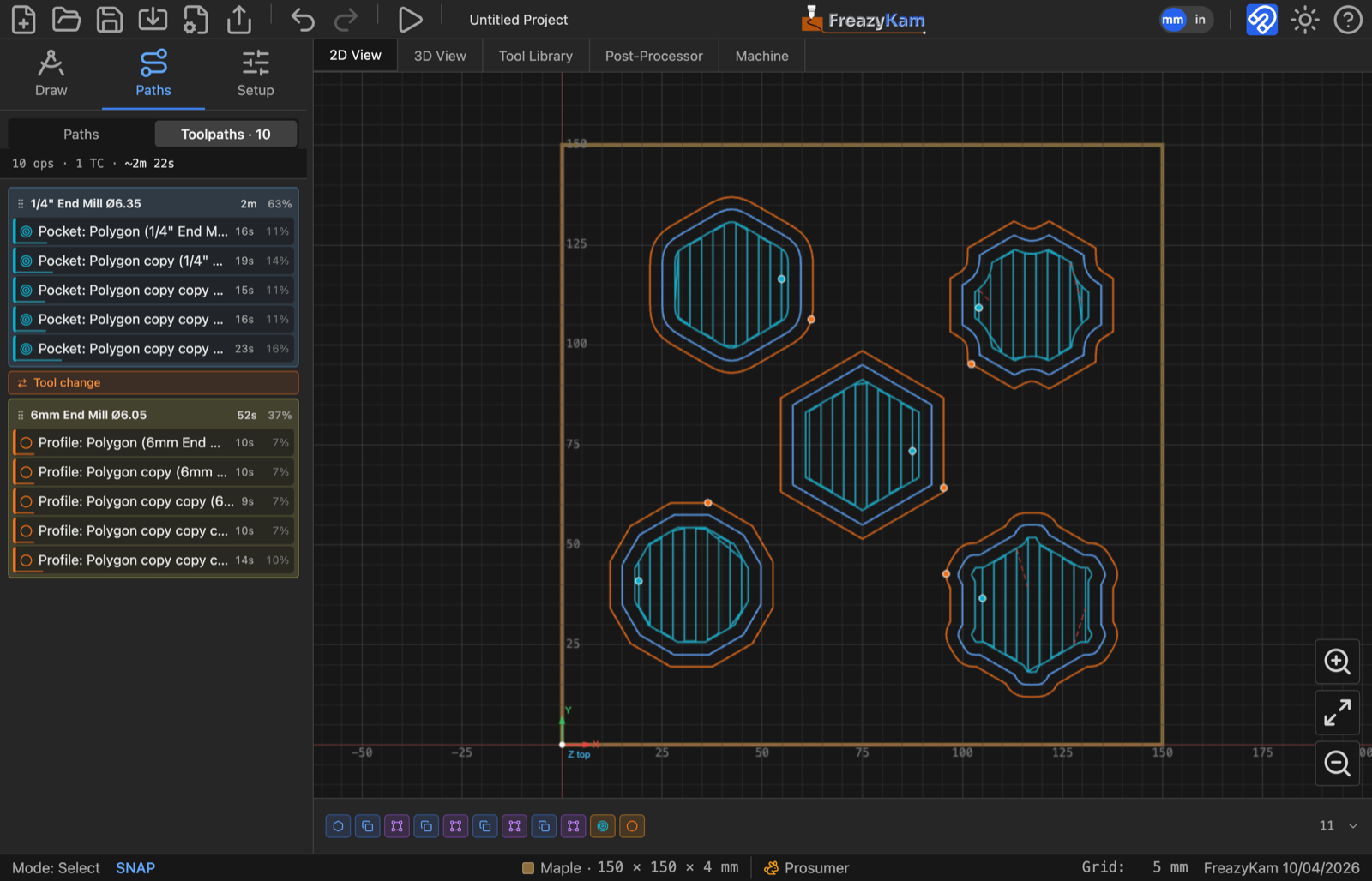 The Toolpaths view: ten operations in two tool blocks — five pockets on the 1/4" end mill taking 63% of the job, a tool change, then five profiles on the 6 mm end mill — each row with its run time and share