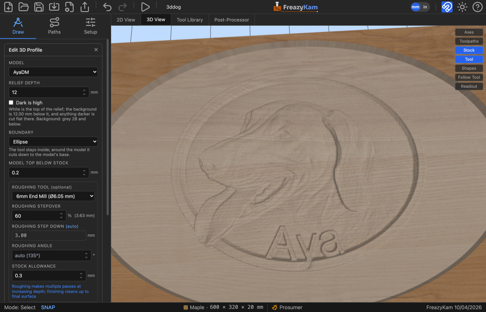 A dog's head and the name Aya carved as a relief inside an oval plaque, in the 3D view, with the 3D Profile form open beside it