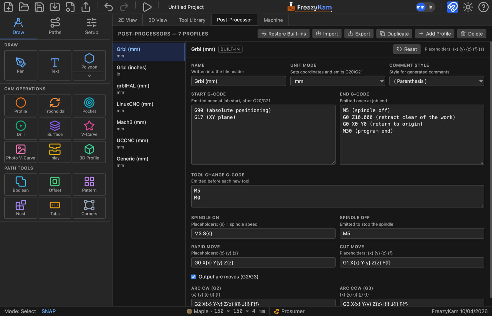 The Post-Processor tab: Restore Built-ins, Import, Export, Duplicate, Add Profile and Delete across the top, the seven profiles listed on the left, and the editor showing start and end G-code, tool change, spindle, move and arc templates