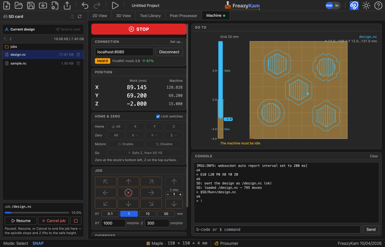 The Machine tab with a job paused 2 mm into the stock: the SD card and job controls in the sidebar; connection, position, home and zero, and the jog pad — its XY arrows outlined orange — on the left; the Z bar beside the go-to map, and the console, on the right
